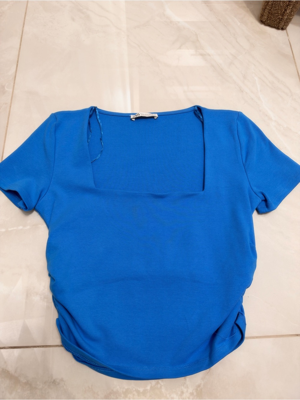Zara Vibrant Blue Square Neck Short Sleeve Crop Top